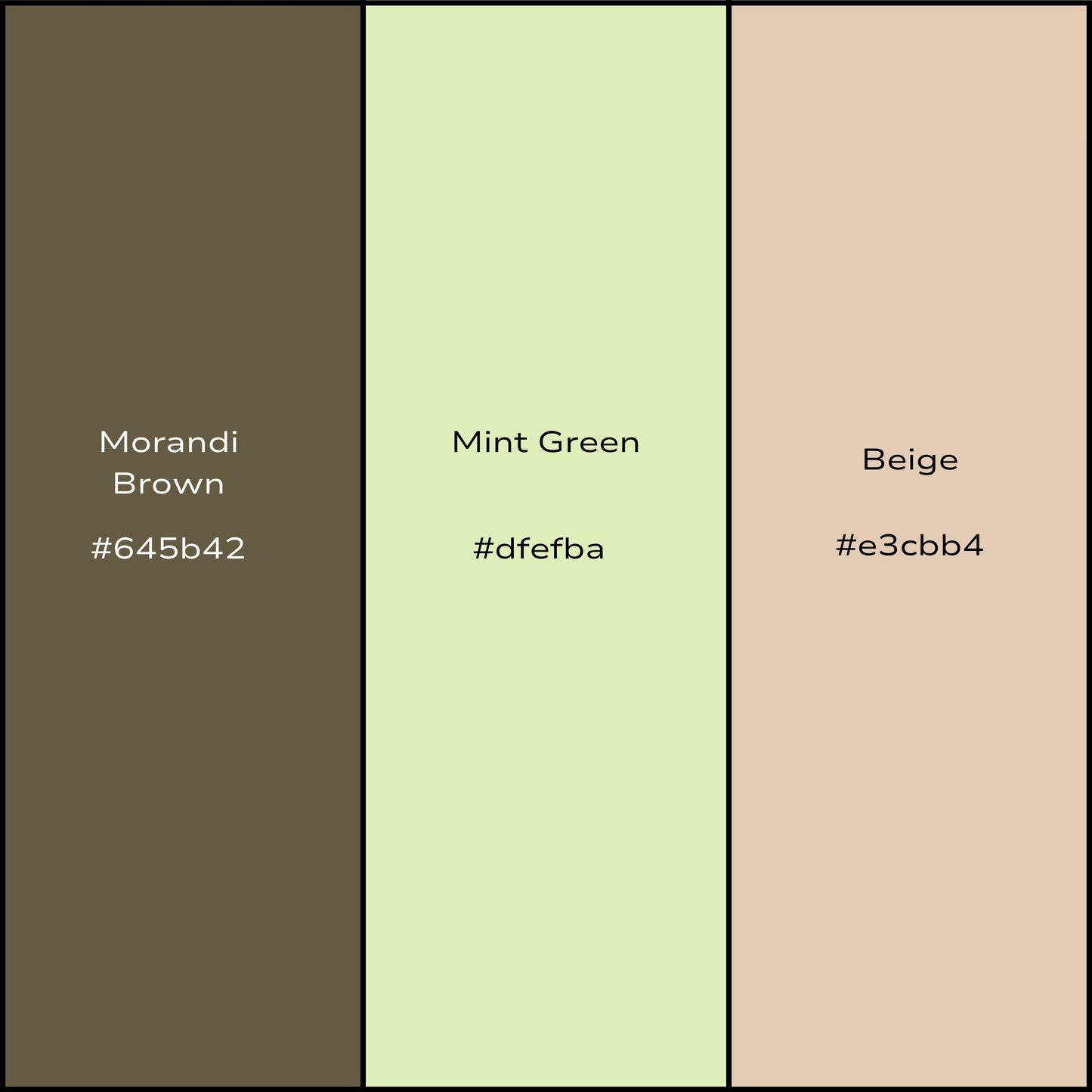Color swatches labeled 'Morandi Brown', 'Mint Green', and 'Beige' with their corresponding hex codes.