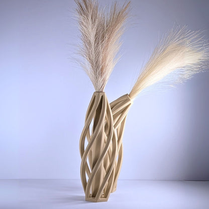 DRIFT duo table vases in beige - curved wave 3D printed décor by 3D Mosaic Layer