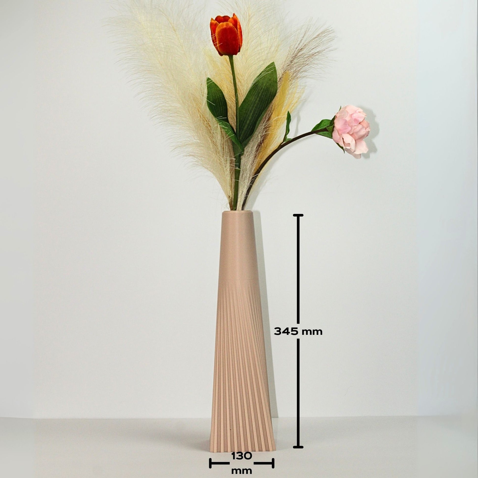 Beige vase with flowers on a white background